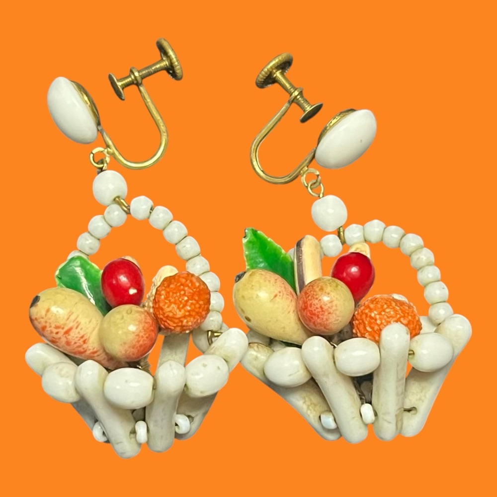Fruit Basket Screw-Back Earrings Made from Milk Glass Beads in W. Germany.